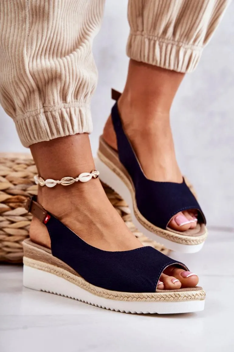 Damskie Sandały Na Koturnie Big Star JJ276046 Granatowe