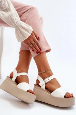 Damskie Sandały Na Koturnie Białe Geferia