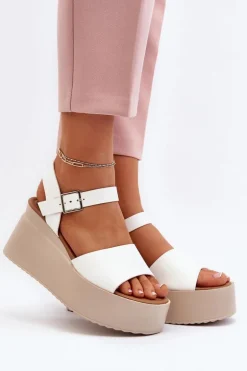 Damskie Sandały Na Koturnie Białe Geferia