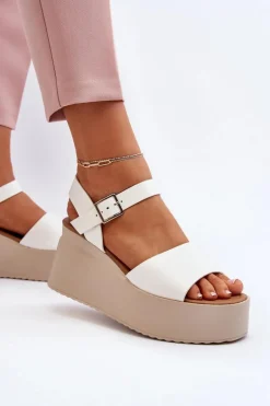 Damskie Sandały Na Koturnie Białe Geferia