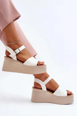 Damskie Sandały Na Koturnie Białe Geferia