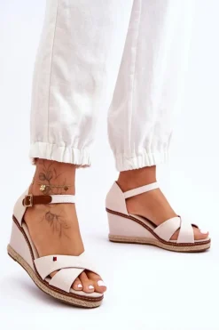 Damskie Sandały Na Koturnie Jasnobeżowe Janet