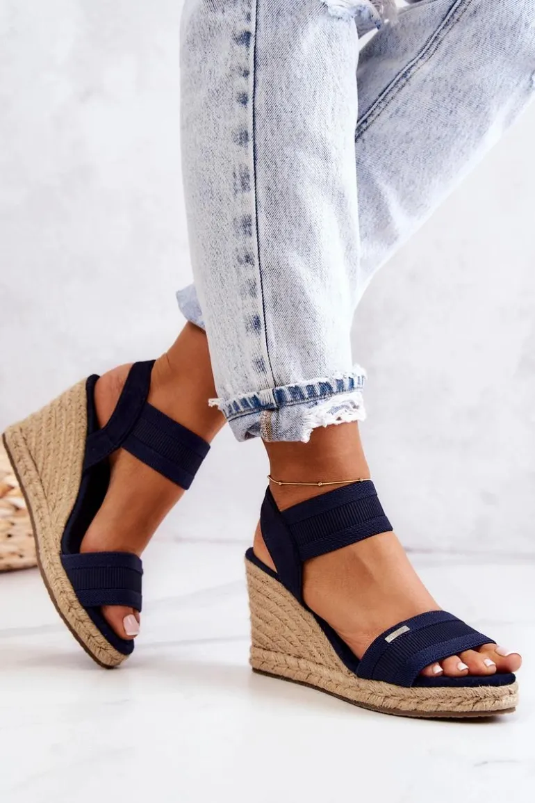 Damskie Sandały Na Koturnie Big Star JJ274977 Granatowe