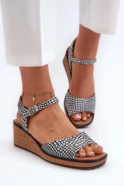 Damskie Sandały Na Koturnie Sergio Leone SK303 Biało-Czarne