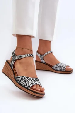 Damskie Sandały Na Koturnie Sergio Leone SK303 Biało-Czarne