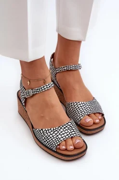 Damskie Sandały Na Koturnie Sergio Leone SK303 Biało-Czarne