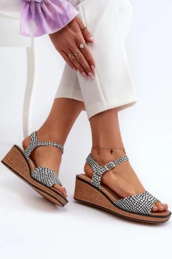 Damskie Sandały Na Koturnie Sergio Leone SK303 Biało-Czarne