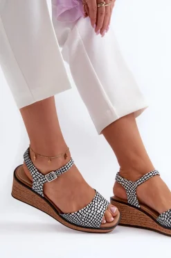 Damskie Sandały Na Koturnie Sergio Leone SK303 Biało-Czarne