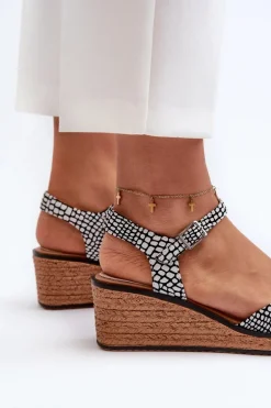 Damskie Sandały Na Koturnie Sergio Leone SK303 Biało-Czarne