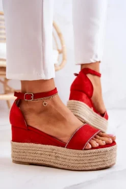 Damskie Sandały Na Koturnie Z Cyrkoniami Czerwone Linette