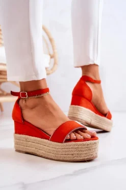 Damskie Sandały Na Koturnie Z Cyrkoniami Pomarańczowe Linette