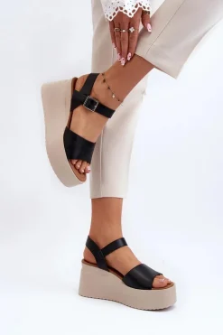 Damskie Sandały Na Koturnie Czarne Geferia
