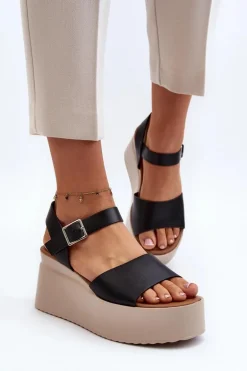 Damskie Sandały Na Koturnie Czarne Geferia