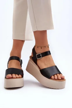 Damskie Sandały Na Koturnie Czarne Geferia