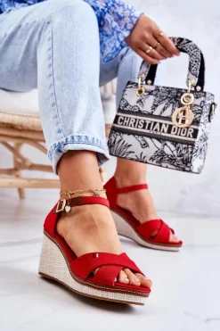 Damskie Sandały Na Koturnie Czerwone Veenus