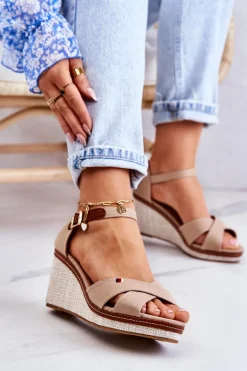 Damskie Sandały Na Koturnie Ciemnobeżowe Veenus