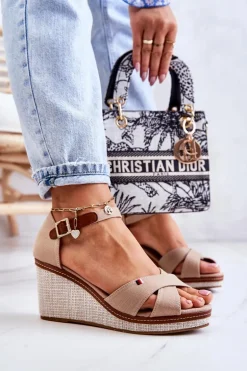 Damskie Sandały Na Koturnie Ciemnobeżowe Veenus