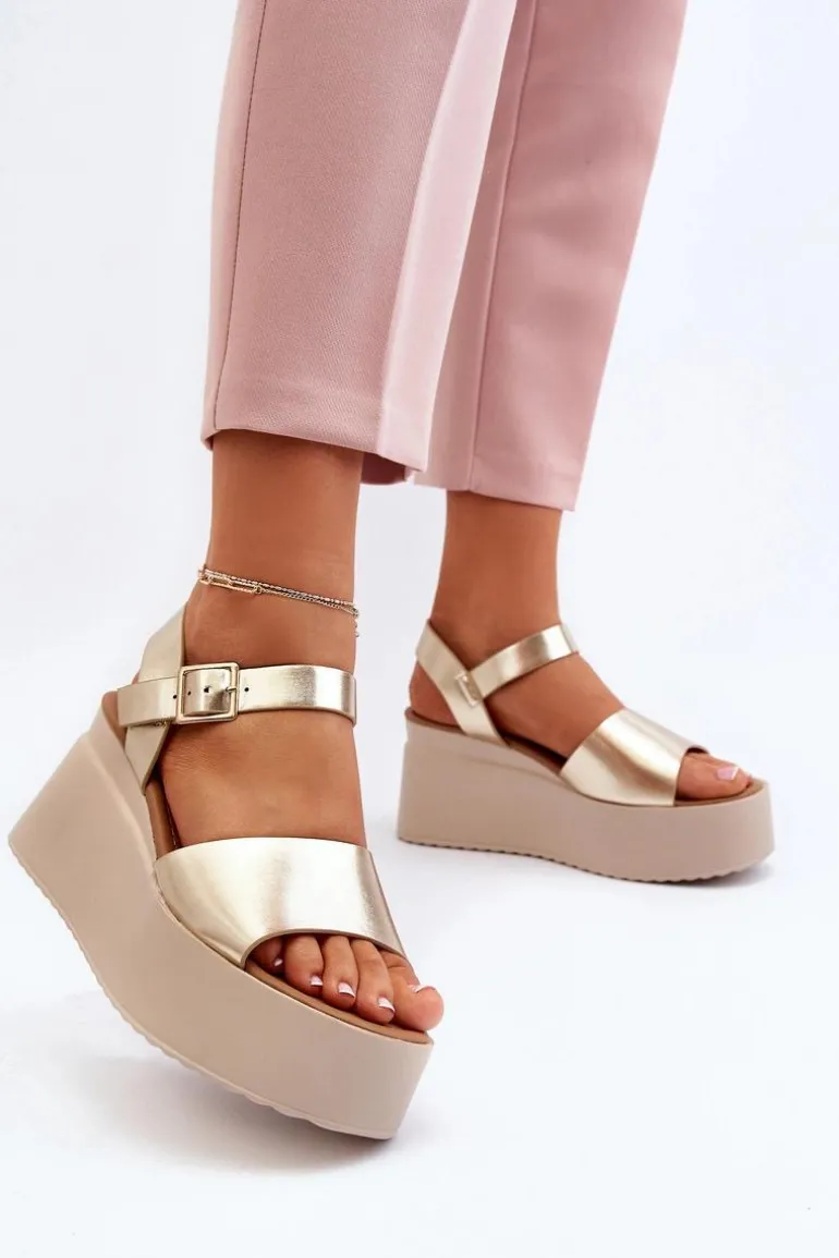 Damskie Sandały Na Koturnie Złote Geferia