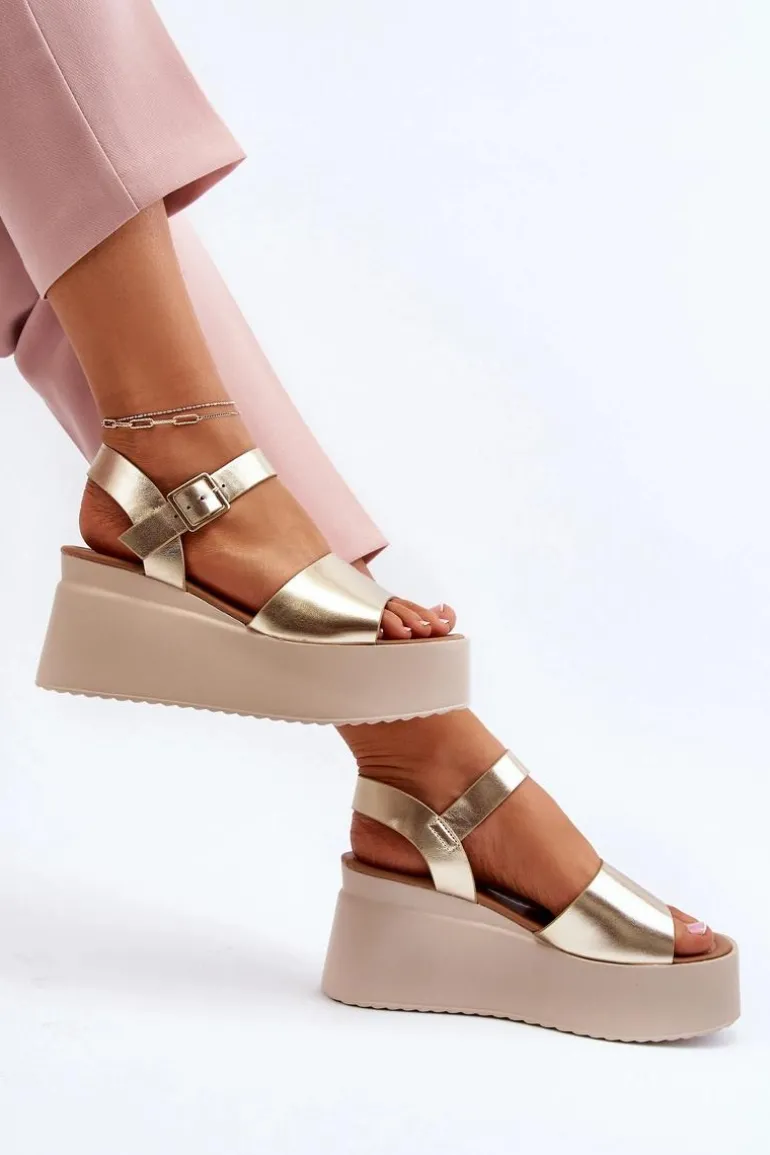 Damskie Sandały Na Koturnie Złote Geferia