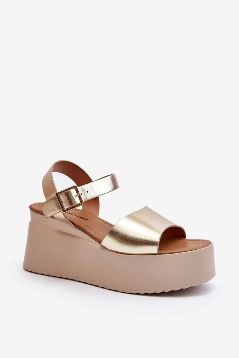Damskie Sandały Na Koturnie Złote Geferia