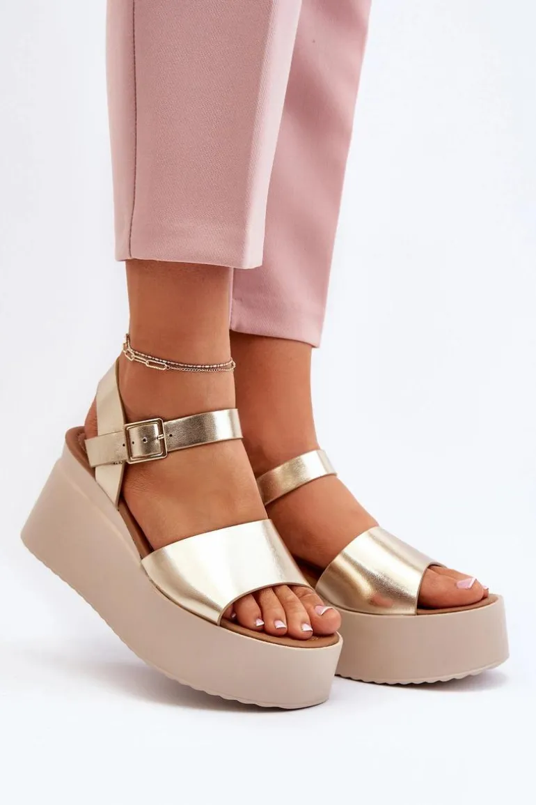 Damskie Sandały Na Koturnie Złote Geferia