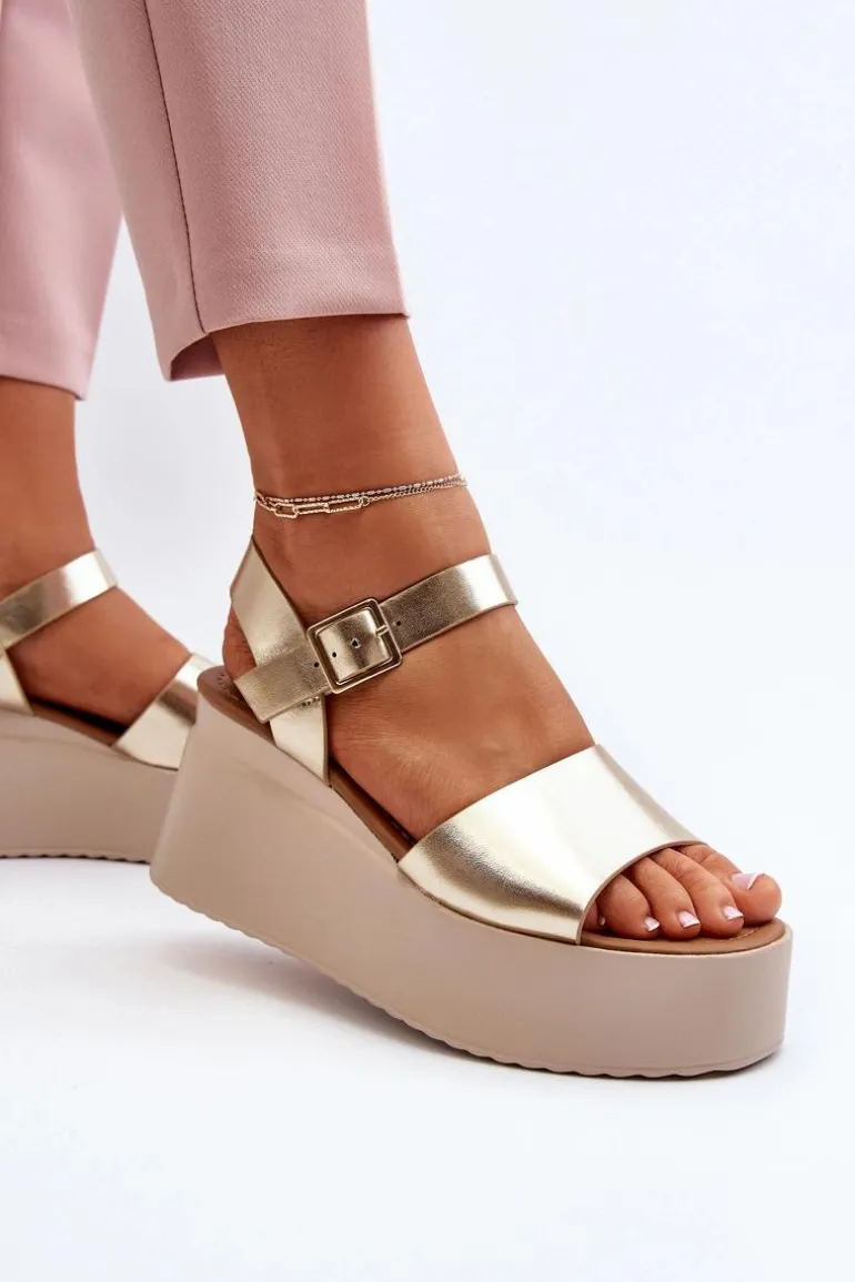 Damskie Sandały Na Koturnie Złote Geferia