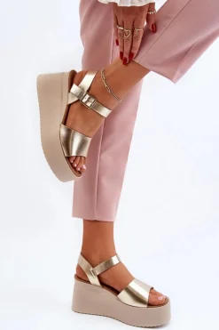 Damskie Sandały Na Koturnie Złote Geferia