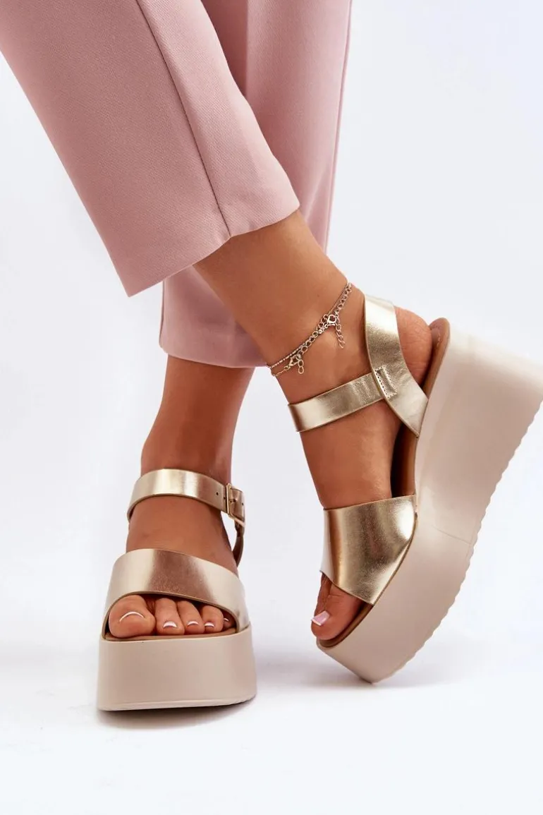 Damskie Sandały Na Koturnie Złote Geferia