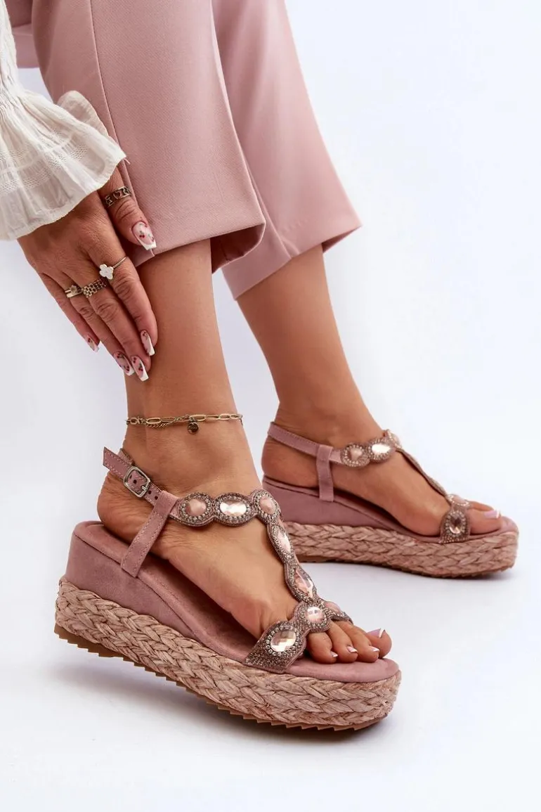 Damskie Sandały Na Koturnie Z Plecionką S.Barski MY291 Różowe