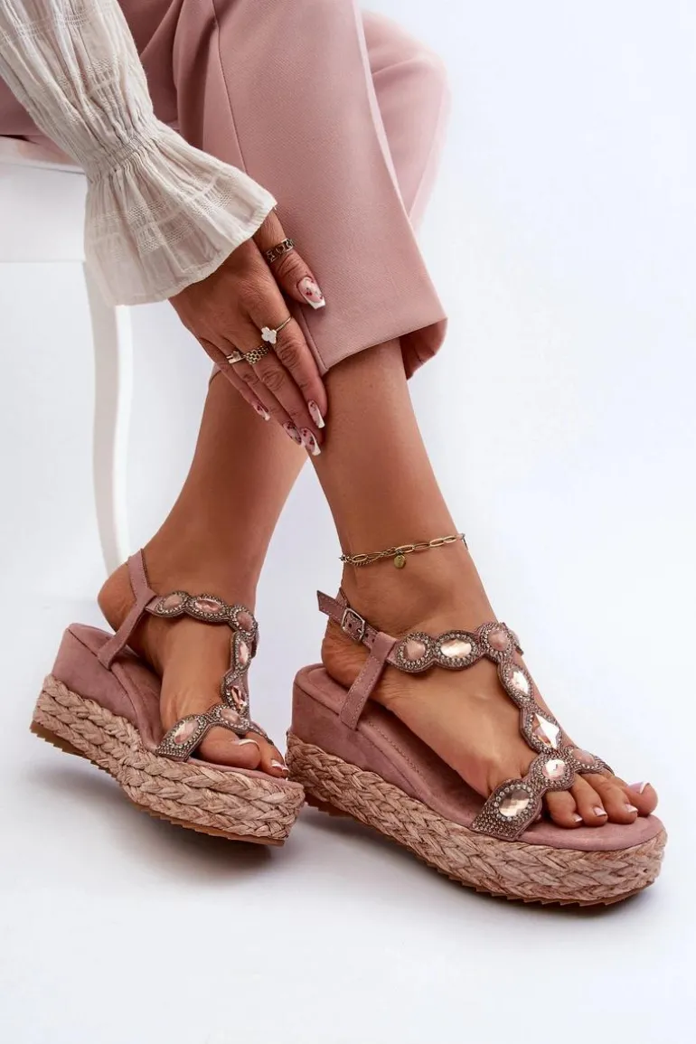 Damskie Sandały Na Koturnie Z Plecionką S.Barski MY291 Różowe