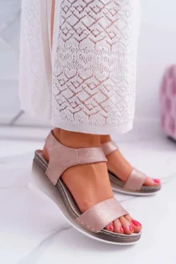 Damskie Sandały na Koturnie Różowe Złoto Gerdro