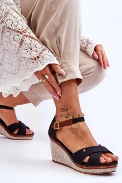 Damskie Sandały Na Koturnie Czarne Veenus