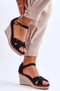 Damskie Sandały Na Koturnie Czarne Veenus