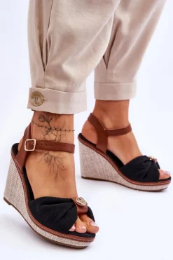 Damskie Sandały Na Koturnie Z Ozdobą Czarne Candice