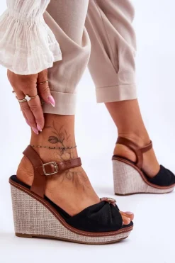 Damskie Sandały Na Koturnie Z Ozdobą Czarne Candice