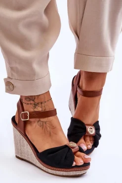 Damskie Sandały Na Koturnie Z Ozdobą Czarne Candice