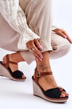 Damskie Sandały Na Koturnie Z Ozdobą Czarne Candice