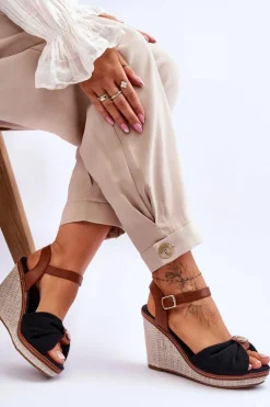 Damskie Sandały Na Koturnie Z Ozdobą Czarne Candice