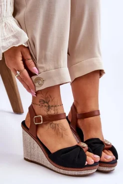 Damskie Sandały Na Koturnie Z Ozdobą Czarne Candice