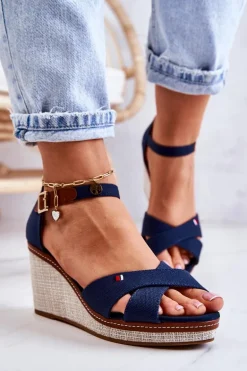 Damskie Sandały Na Koturnie Granatowe Veenus