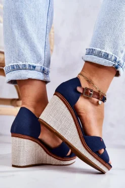 Damskie Sandały Na Koturnie Granatowe Veenus