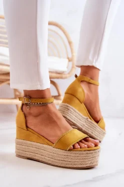 Damskie Sandały Na Koturnie Z Cyrkoniami Żółte Linette