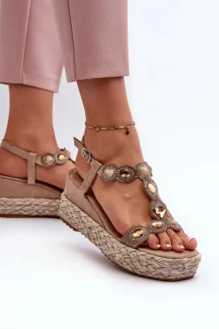 Damskie Sandały Na Koturnie Z Plecionką S.Barski MY291 Beżowe