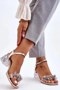 Damskie Sandały Na Niskim Obcasie Z Ozdobami Srebrne Benicio