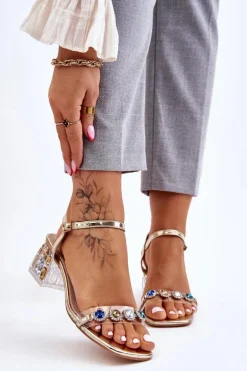 Damskie Sandały Na Obcasie Z Kryształkami Złote Esma