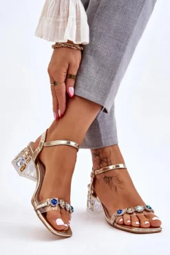 Damskie Sandały Na Obcasie Z Kryształkami Złote Esma