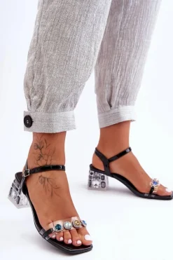 Damskie Sandały Na Obcasie Z Kryształkami Czarne S.Barski MR1037-01