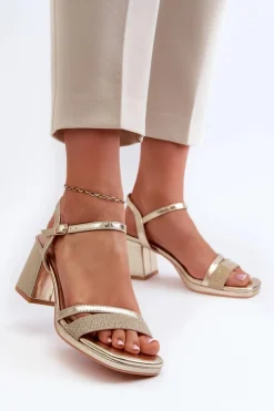 Damskie Sandały Na Obcasie Z Błyszczącym Paskiem Złote Tessata