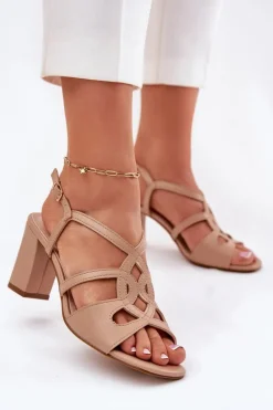 Damskie Sandały Na Obcasie Słupku Sergio Leone SK884 Beżowe