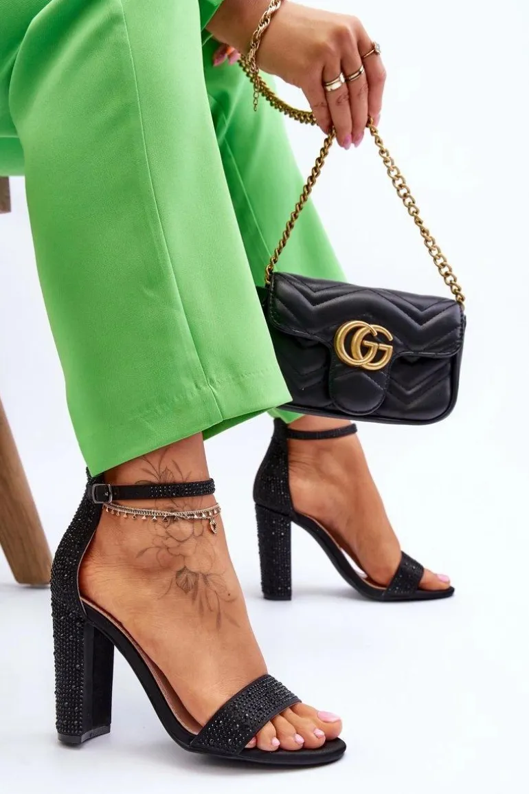 Damskie Sandały Na Obcasie Z Cyrkoniami Czarne Idealistic